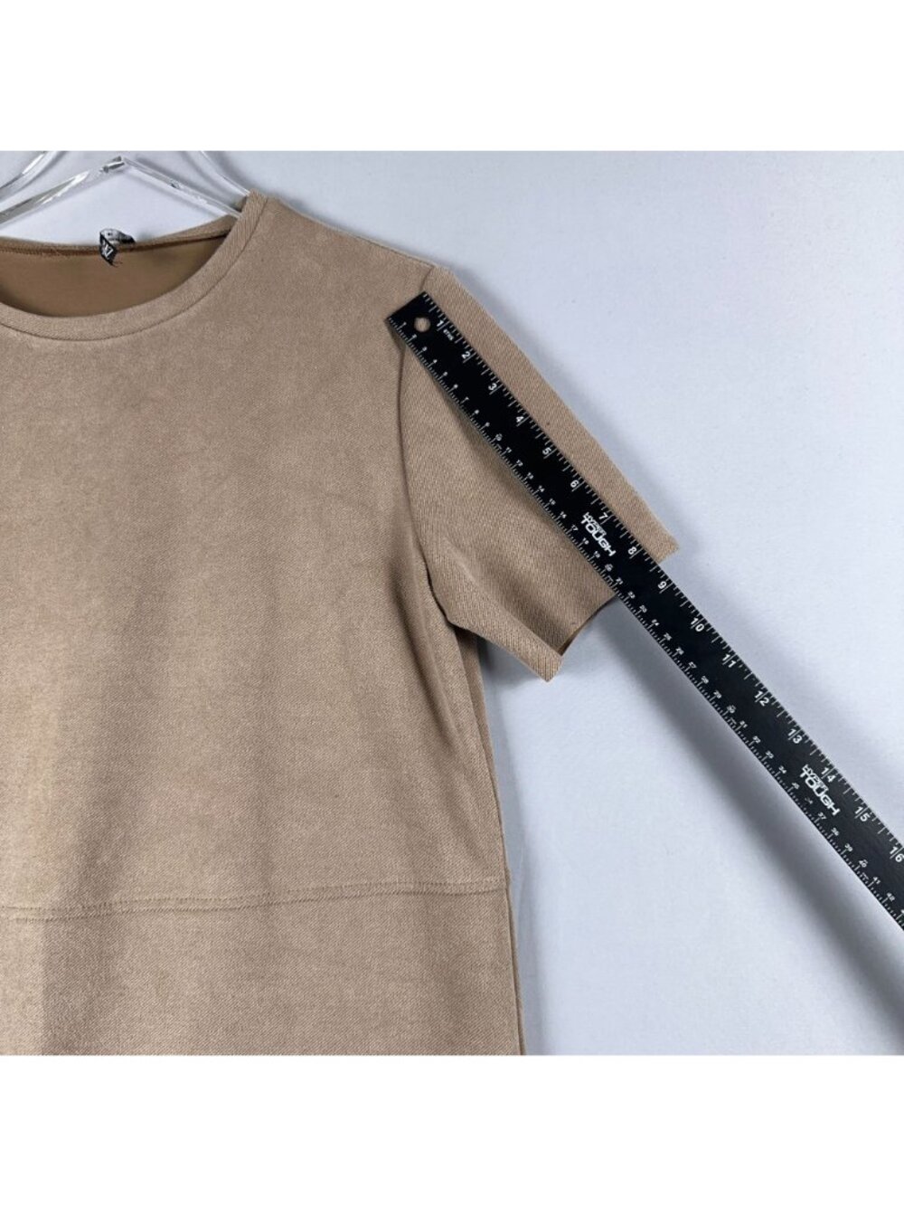 Zara Shift Dress Size Medium Tan Faux Suede Short-Sleeve Front Pockets - Picture 9 of 10